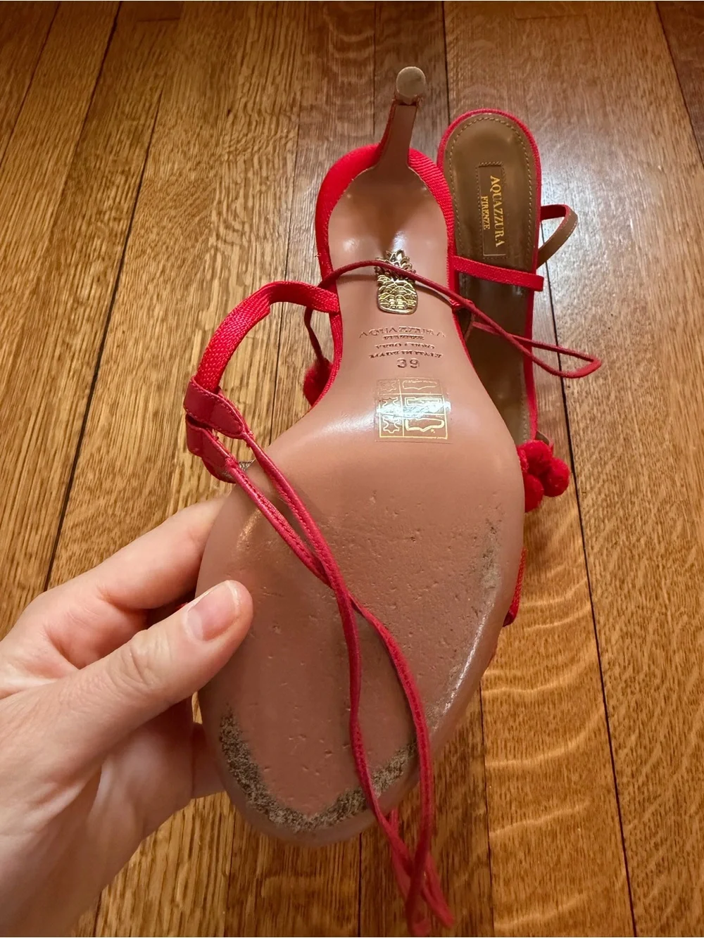 Aquazzura Red Pom-Pom Lace-Up Sandals